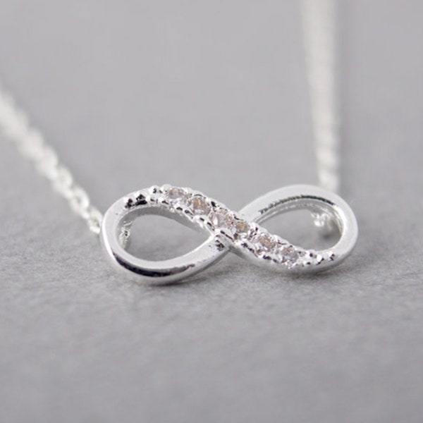 Tiny Infinity Crystal Pendant Necklaces for Women Choker Lucky Number Eight Geometric Silver Long Chain Necklace