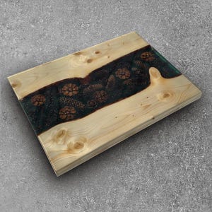 Epoxy Pine Cone River Table, Live Edge Wood Side Table | Made is USA