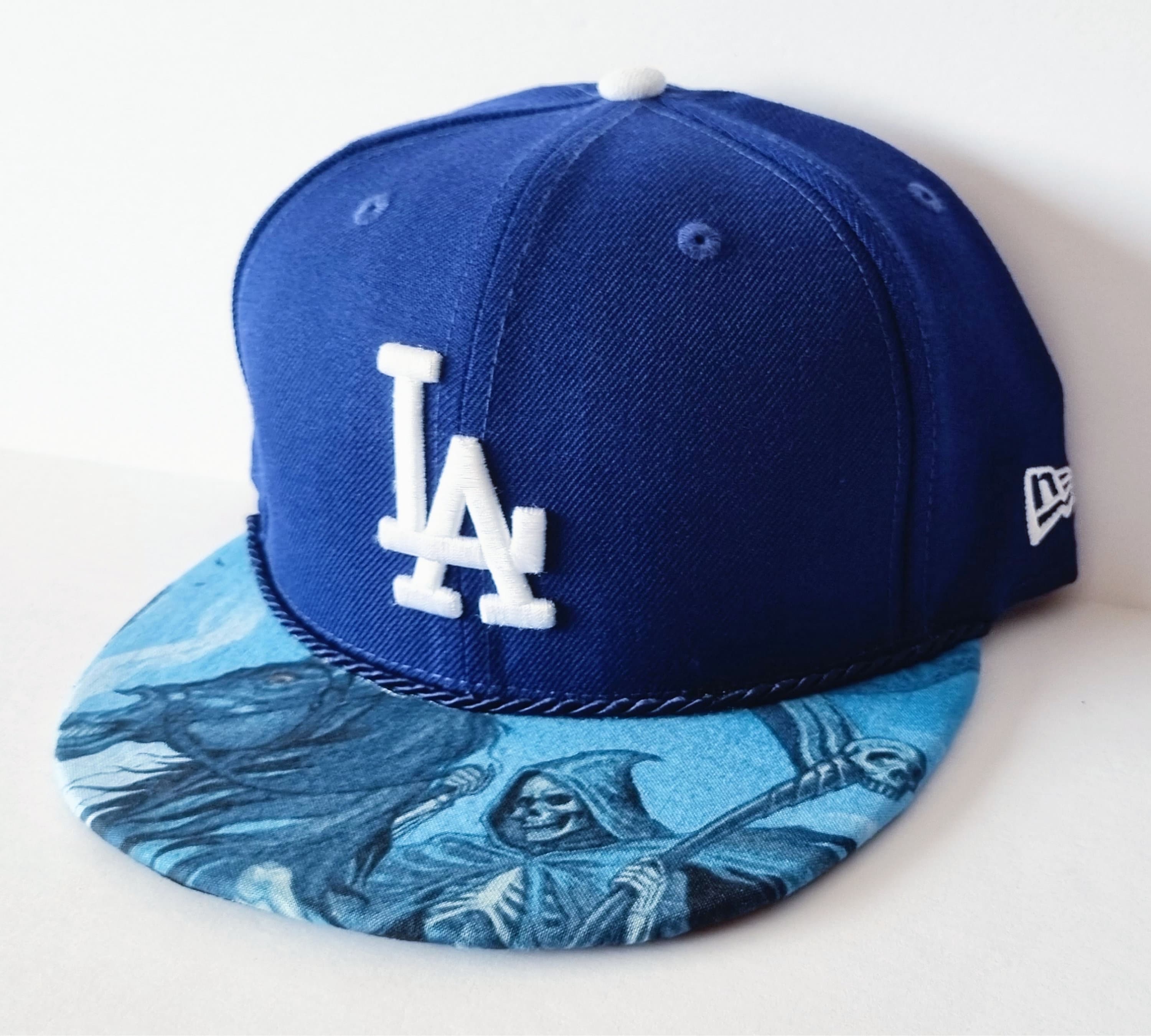LA Los-Angeles Dodgers Hat Cap Strap-Back Black Blue Fire Pattern