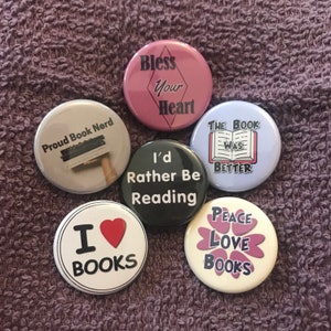Books / Reading Pin Back Buttons - Set or Individual