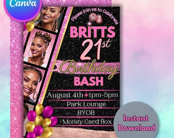 Könnte beinhalten: Eine rosa-schwarze Geburtstagseinladung mit Glitzerhintergrund. Die Einladung zeigt eine Fotocollage einer Frau, den Text "Britts 21st Birthday Bash" sowie Datum und Uhrzeit der Veranstaltung. Die Einladung enthält auch den Text "BYOB" und "Money Card Box".