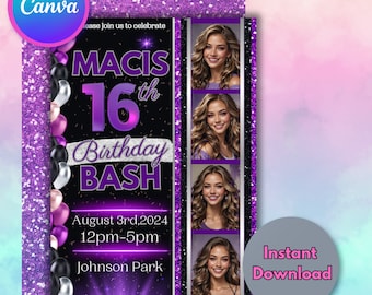 May include: Purple and black birthday party invitation with a photo booth strip design. The invitation features a large purple number 16 with the text "Macis 16th Birthday Bash" and the date and time of the party. The invitation also includes four photo slots for guests to take pictures.
