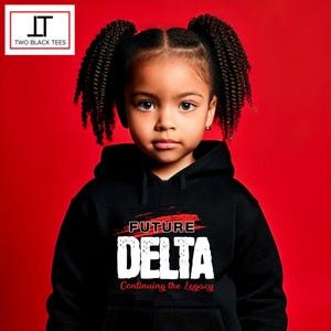 May include: A young girl wearing a black hooded sweatshirt with the words "FUTURE DELTA" in white and red lettering. The phrase "Continuing the Legacy" is below the word "DELTA". The background is a solid red.