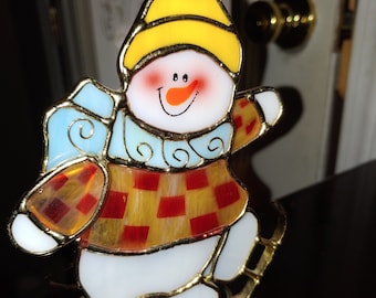 Stained Glass Snowman Sun Catcher Candle Holder