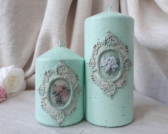 Naturel canvas and Grey Decorative candles Decoupaged candles Art candles Set of 2 pillar candles with romantic roses in Ashy rose
