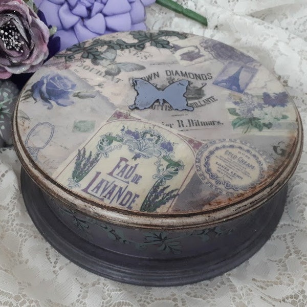 Vintage style round jewelry box Round floral box Butterfly box Decoupaged box Keepsake box Purple rose box Purple jewelry box Lavender box