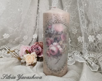 Big pillar candle with roses in Grey & Ashy Rose Decoupaged candle Decorated Candle Art candle 3d relief candle Romantic candle