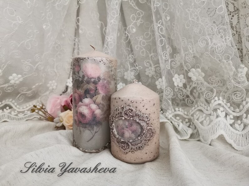 Naturel canvas and Grey Decorative candles Decoupaged candles Art candles Set of 2 pillar candles with romantic roses in Ashy rose