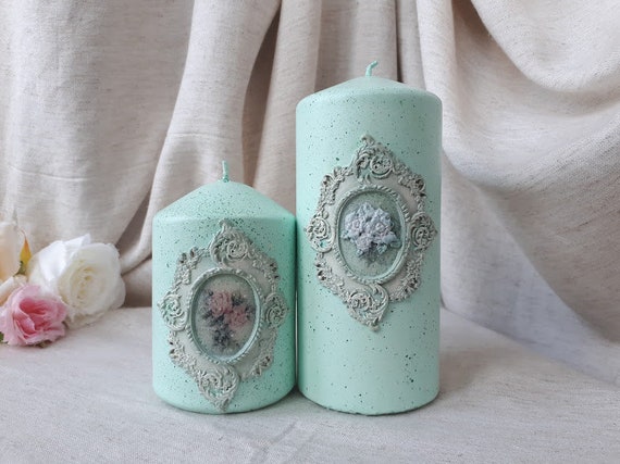 Set Of 2 Decorated Pillar Candles Handmade Decorated Candles Etsy