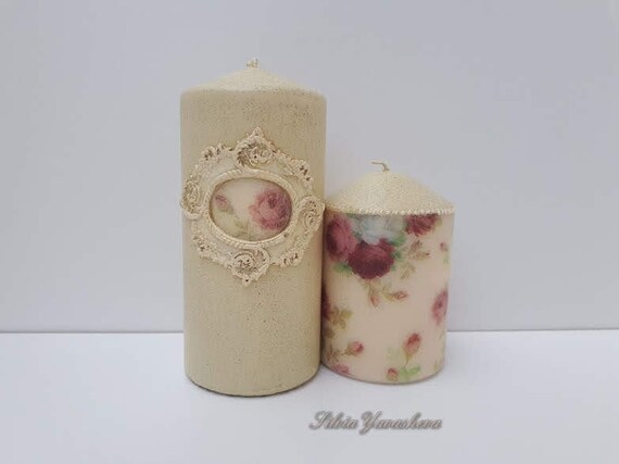 Set Of Two Decorated Pillar Candles Handmade Decorated Candles Etsy