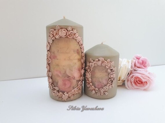 Set Of 2 Decorated Pillar Candles Handmade Decorated Candles Etsy