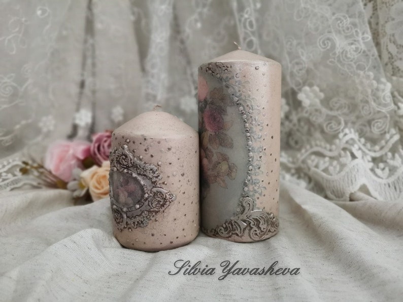 Naturel canvas and Grey Decorative candles Decoupaged candles Art candles Set of 2 pillar candles with romantic roses in Ashy rose