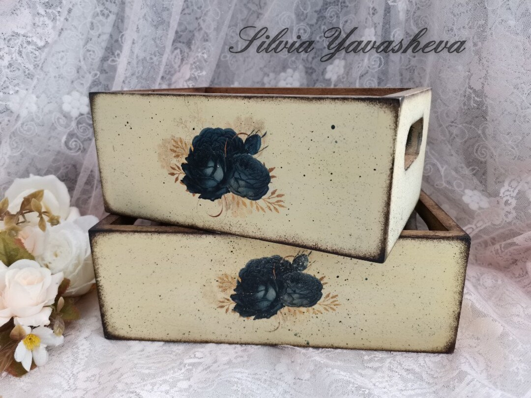 Kitchen Storage Bins Decoupaged Bins Set Navy Blue Roses Living Storage ...