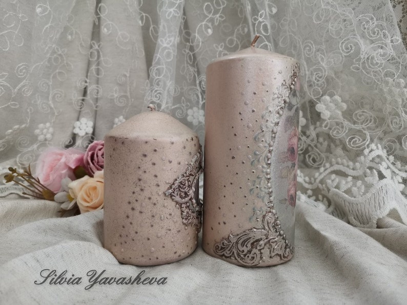 Naturel canvas and Grey Decorative candles Decoupaged candles Art candles Set of 2 pillar candles with romantic roses in Ashy rose