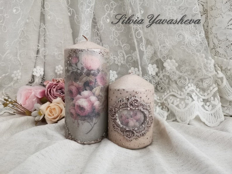 Naturel canvas and Grey Decorative candles Decoupaged candles Art candles Set of 2 pillar candles with romantic roses in Ashy rose