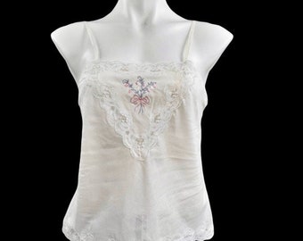 RARE FIND 70s Slip Top Vintage Camisole Made in USA 'Barbizon' Label Tank Shirt Boho Romantic White Lace Size Small