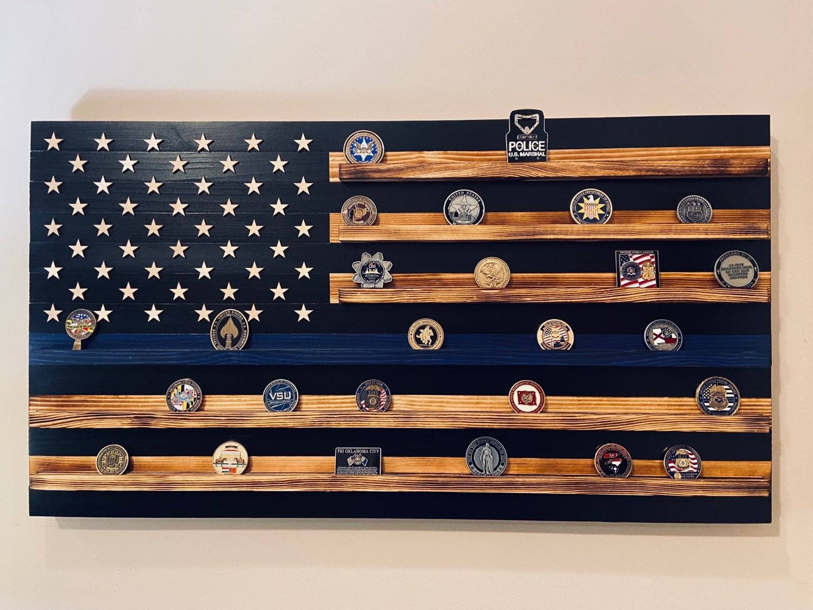 Extra Large NAVY Rustic American Flag Challenge Coin Display