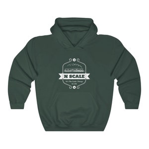 Puede incluir: Una sudadera con capucha verde oscuro con un gr&aacute;fico blanco de un tren y el texto "N SCALE It's the little things in life".