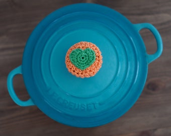 Cast Iron Pot Knob Green Heart on Orange Cover Handmade