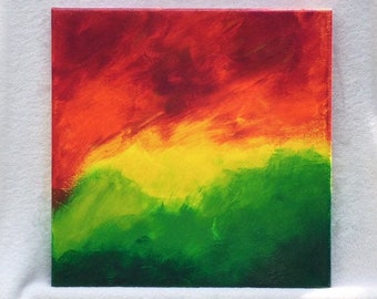 Pintura abstracta, naranja, amarillo y verde, lienzo cuadrado, 12 x 12