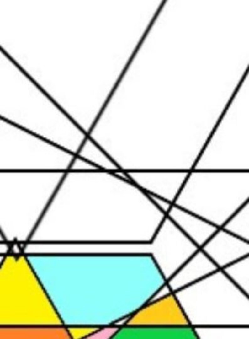 Puede incluir: Dise&ntilde;o geom&eacute;trico abstracto con l&iacute;neas que se cruzan formando un patr&oacute;n colorido. El dise&ntilde;o presenta un tri&aacute;ngulo amarillo, un pent&aacute;gono azul claro, un trapecio naranja, un tri&aacute;ngulo rosa y un rect&aacute;ngulo verde.