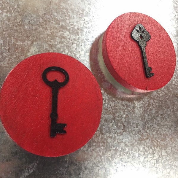 Red & Black Skeleton Key Wooden Refrigerator Magnets Set of 2, Gift For Goth Trendy Birthday, Kitchen Fridge, Antique Steampunk Gothic Style