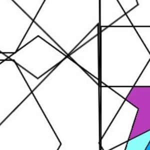 Puede incluir: Dise&ntilde;o geom&eacute;trico abstracto con l&iacute;neas que se cruzan formando formas en negro, blanco, turquesa y morado.