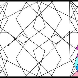 Puede incluir: Un patr&oacute;n geom&eacute;trico con l&iacute;neas negras sobre un fondo blanco. El lado derecho de la imagen muestra un dise&ntilde;o geom&eacute;trico colorido con formas rosas, naranjas, amarillas, verdes, azules y moradas.