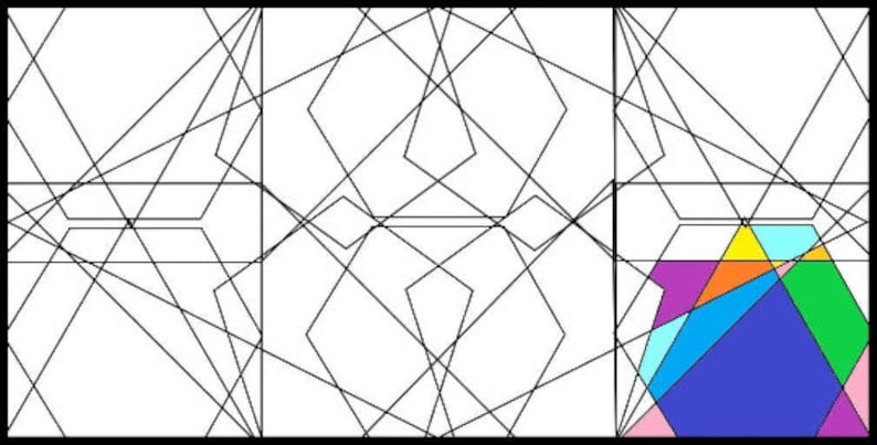 Puede incluir: Un patr&oacute;n geom&eacute;trico con l&iacute;neas negras sobre un fondo blanco. El lado derecho de la imagen muestra un dise&ntilde;o geom&eacute;trico colorido con formas rosas, naranjas, amarillas, verdes, azules y moradas.