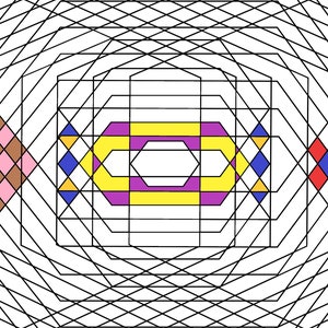 May include: Abstract geometric pattern with a central hexagon shape surrounded by concentric squares and diamonds. The pattern is in shades of pink, yellow, blue, and red.