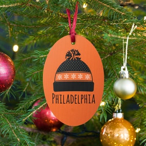 Philly Winter Christmas Ornament | Philadelphia Flyers Fan Holiday Gift | Philadelphia Stocking Stuffer | Cute Wooden Tree Ornament