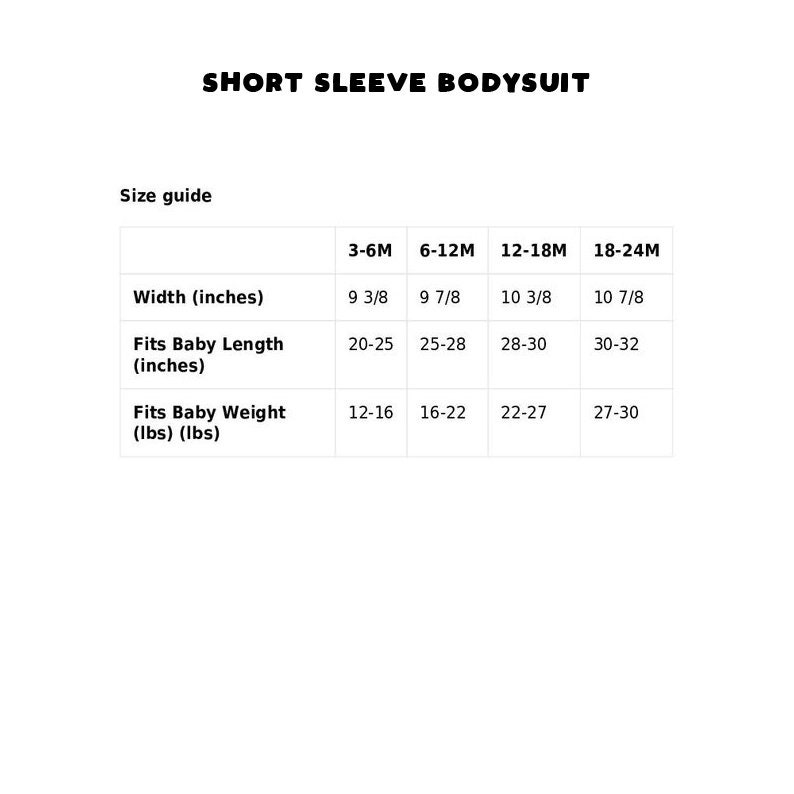 May include: Size chart for a short sleeve bodysuit for babies. The chart shows the width in inches, the length in inches, and the weight in pounds for different sizes: 3-6 months, 6-12 months, 12-18 months, and 18-24 months.