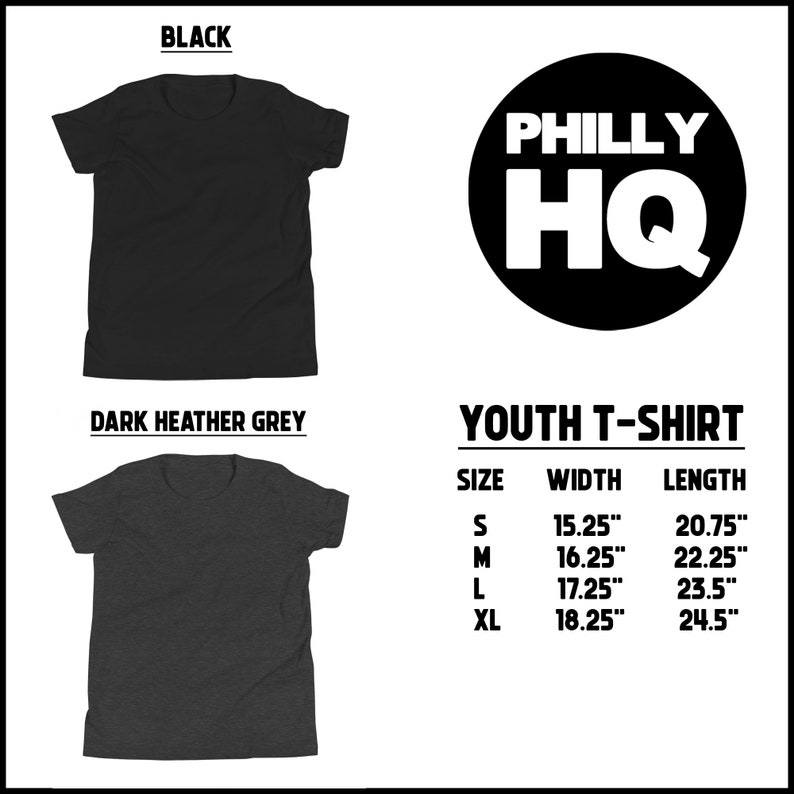 May include: Youth t-shirt size chart with measurements in inches. The chart shows the width and length of the shirt in sizes S, M, L, and XL. The shirt is available in black and dark heather grey.