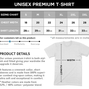 Peut inclure: Tableau des tailles pour t-shirt unisexe premium avec les mesures de la largeur de la poitrine et de la longueur du t-shirt en pouces. Le tableau montre les tailles du S au 3XL. Un t-shirt blanc avec un col rond et des manches courtes est pr&eacute;sent&eacute; avec le texte "WIDTH" et "LENGTH" marqu&eacute; sur l'image.