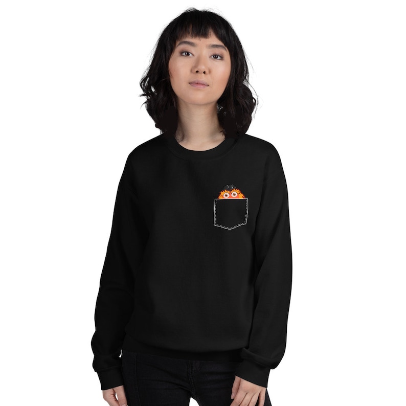 May include: Black sweatshirt with a front pocket featuring a cartoon monster peeking out. The monster is orange and has two large eyes.