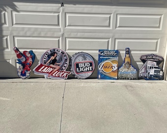 6 pieces Vintage 1990s Beer Metal Signs for Man Cave, Bar, Garage or rec room decorations. Budweiser, Bud Light, Michelob, Lakers Basketball