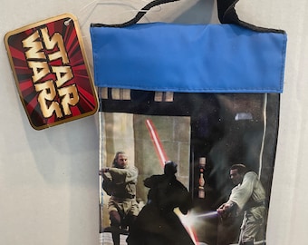 1999 Vintage Star Wars Phantom of the Menace Lunch Bag lunchbox soft sided with Darth Maul Obiwon Kenobe and Jedi Master Qui-Gon Jinn