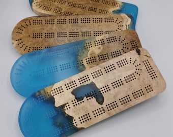 Free Engraving! 3 track cribbage board - Live edge burl and blue diamond epoxy resin - Includes metal pegs, black cards, and display stand