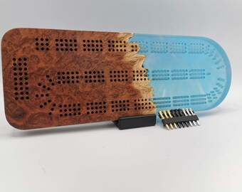 Extraordinary Cribbage Board - 3 Track Live edge red mallee burl and blue swirl epoxy resin - Includes metal pegs and custom holder