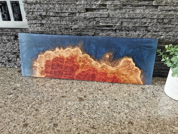 Live edge red mallee burl charcuterie board with deep midnight blue epoxy resin  - one of a kind statement piece!