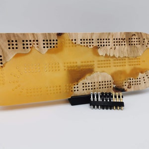 Extraordinary Cribbage Board - 3 Track Live edge maple burl and orange creamsicle epoxy resin - Includes metal pegs and custom holder