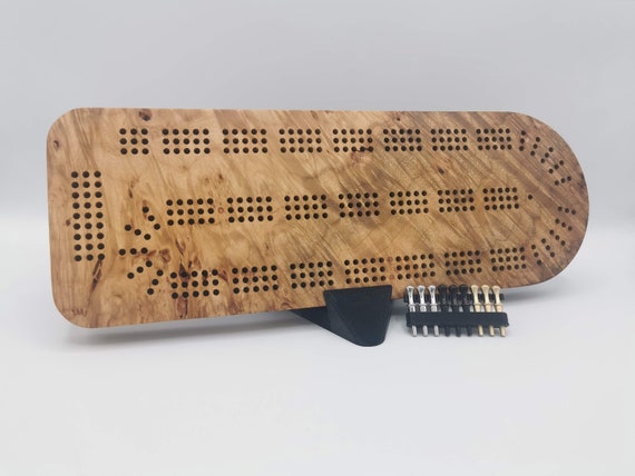 Extraordinary Cribbage Board - 3 Track made from extremely figured maple burl - Includes metal pegs and custom holder