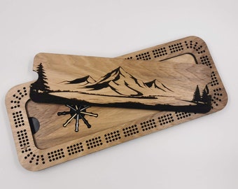 Custom Engraved Mountain Cribbage Board - 3 track with metal pegs included, peg storage built into board