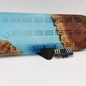 Extraordinary Cribbage Board 3 Track Live edge red mallee burl and blue swirl epoxy resin Includes metal pegs and custom holder image 1