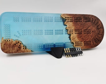 Extraordinary Cribbage Board - 3 Track Live edge red mallee burl and blue swirl epoxy resin - Includes metal pegs and custom holder