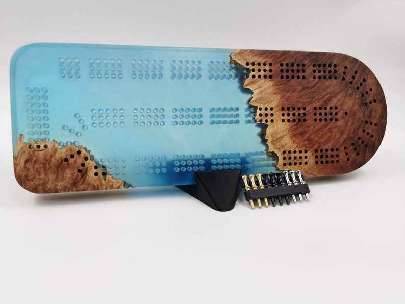 Extraordinary Cribbage Board 3 Track Live edge red mallee burl and blue swirl epoxy resin Includes metal pegs and custom holder image 1