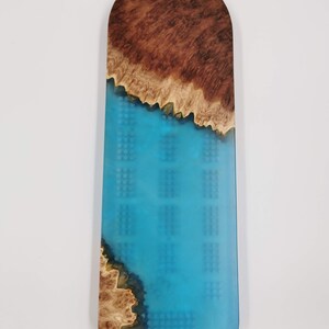 Extraordinary Cribbage Board 3 Track Live edge red mallee burl and blue swirl epoxy resin Includes metal pegs and custom holder image 5