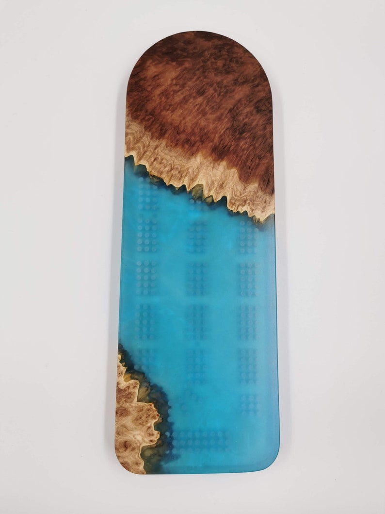 Extraordinary Cribbage Board 3 Track Live edge red mallee burl and blue swirl epoxy resin Includes metal pegs and custom holder image 5