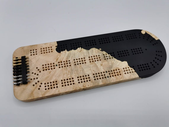 Extraordinary Cribbage Board - 3 Track Live edge maple burl and matte midnight black epoxy resin - Includes metal pegs and custom holder