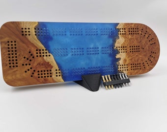 Extraordinary Cribbage Board - 3 Track Live edge Australian burl and blue diamond epoxy resin - Includes metal pegs and custom holder